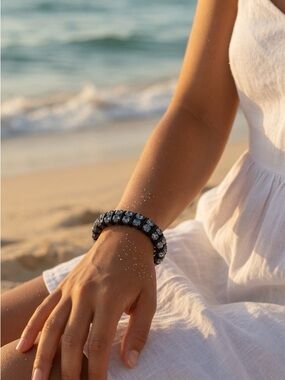 Fossil Sky Blue Crystal Rhinestone Leather Wrapped Bracelet Bohemian Sparkle